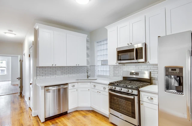 white kitchen and stainless steel appliances